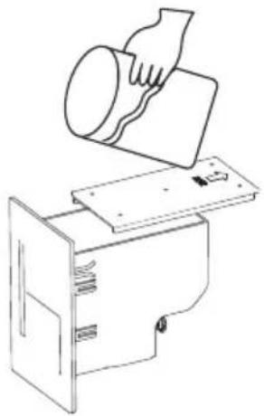Line drawing of a hand pouring liquid into a cylindrical container on a flat base (no text or symbols)