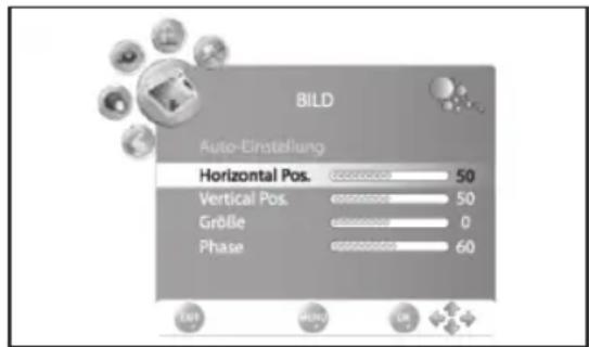 BILD Auto-Einstellung Horizontal Pos. 50 Vertical Pos. 50 Größe 0 Phase 60
