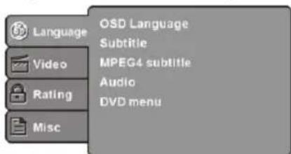 Language Video Rating Misc OSD Language Subtitle MPEG4 subtitle Audio DVD menu