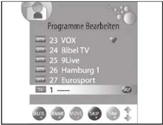 Programme Bearbeiten 23 VOX 24 Bibel TV 25 9Live 26 Hamburg 1 27 Eurosport TV 1 ---- SKIP DELETE FILENAME MOVE SKIP FAV