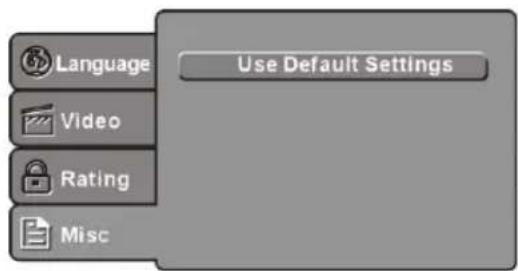 Language Video Rating Misc Use Default Settings