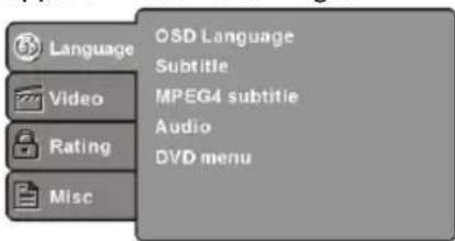 Language Video Rating Misc OSD Language Subtitle MPEG4 subtitle Audio DVD menu