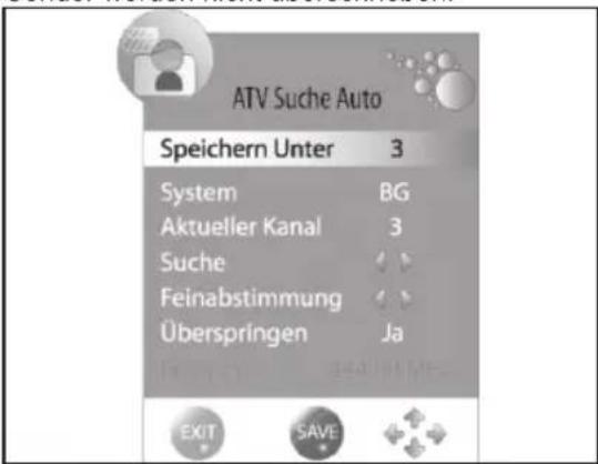 ATV Suche Auto Speichern Unter 3 System BG Aktueller Kanal 3 Suche ✓ ✓ Feinabstimmung ✓ ✓ Überspringen Ja EXIT SAVE
