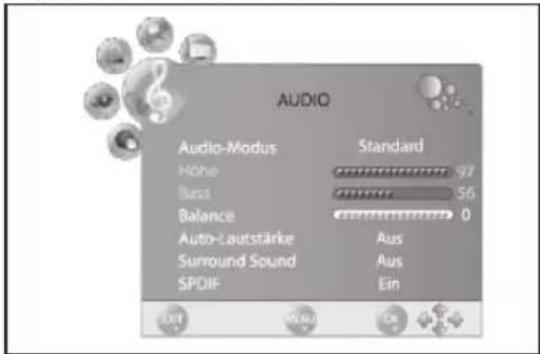 AUDIO Audio-Modus Standard Hone 97 Bass 56 Balance 0 Auto-Lautstärke Aus Surround Sound Aus SPDIF Ein EXIT OK OK