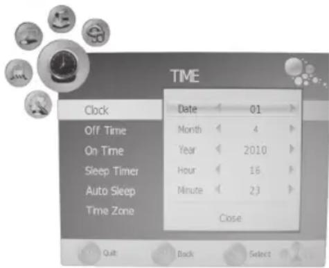 TIME Clock Off Time On Time Sleep Timer Auto Sleep Time Zone Date 01 Month 4 Year 2010 Hour 16 Minute 23 Close Quit Back Select