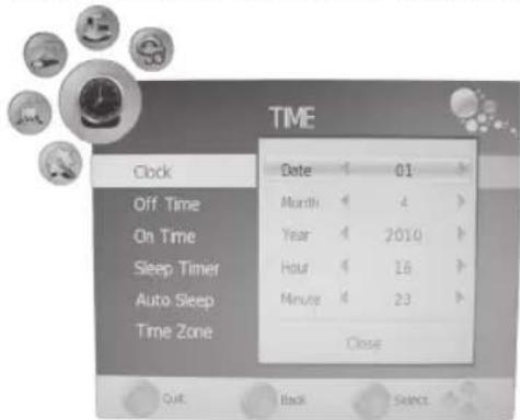 TIME Clock Date 01 Off Time Month 4 On Time Year 2010 Sleep Timer Hour 16 Auto Sleep Minute 23 Time Zone Close Quit Back Select