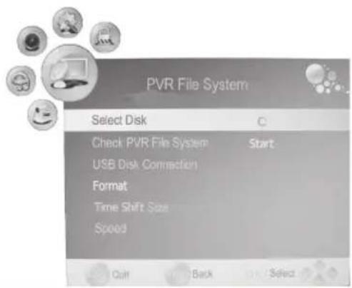 PVR File System Select Disk Check PVR File System USB Disk Connection Format Time Shift Size Speed Quit Back OK Select