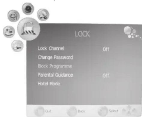 LOCK Lock Channel Off Change Password Block Programme Parental Guidance Off Hotel Mode Out Back Select