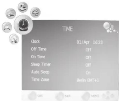TIME Clock 01/Apr 16:23 Off Time Off On Time Off Sleep Timer Off Auto Sleep On Time Zone Berlin GMT+1 OUT SAC SALENT