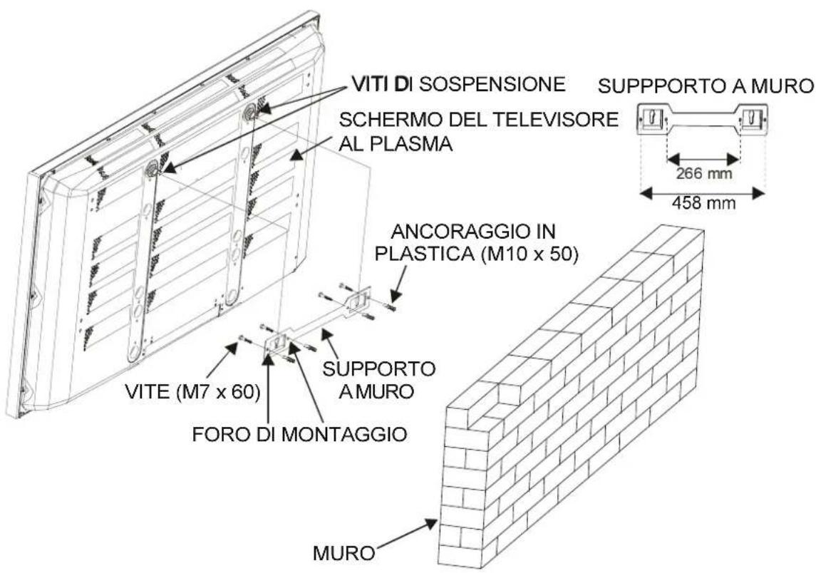 VITI DI SOSPENSIONE SCHERMO DEL TELEVISORE AL PLASMA ANCORAGGIO IN PLASTICA (M10 x 50) VITE (M7 x 60) FORO DI MONTAGGIO SUPPORTO AMURO MURO SUPPORTO A MURO 266 mm 458 mm