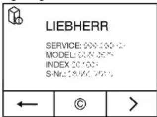 LIEBHERR KBef 4310 - Gerätebezeichnung (Model und Index), Service-Nr. (Service) und Serial-Nr. (S-Nr.) über den Bildschirm abrufen: - 2