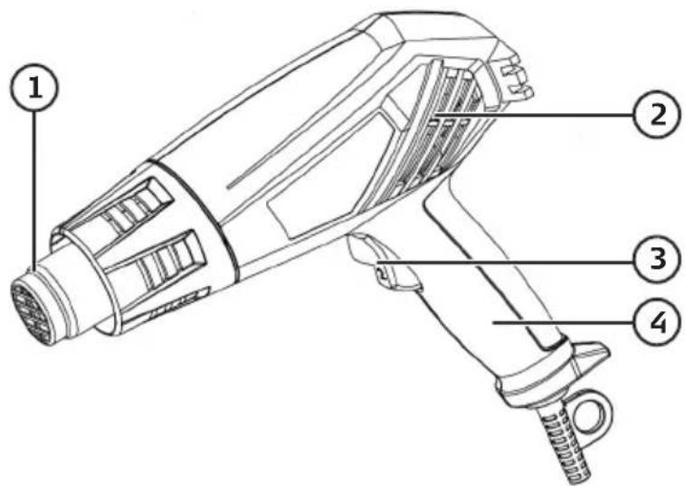 Technical diagram of a handheld air purifier with numbered parts labeled 1 to 4