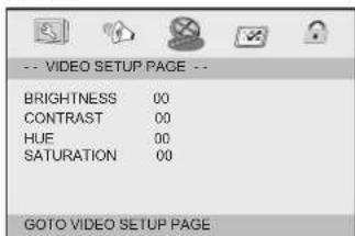 -- VIDEO SETUP PAGE -- BRIGHTNESS 00 CONTRAST 00 HUE 00 SATURATION 00 GOTO VIDEO SETUP PAGE
