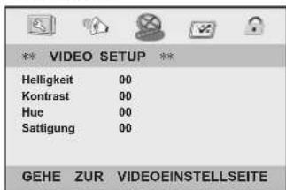 ** VIDEO SETUP ** Helligkeit 00 Kontrast 00 Hue 00 Sattigung 00 GEHE ZUR VIDEOINSTELLSEITE