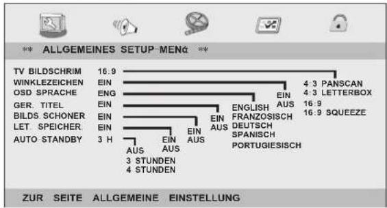** ALLGEMEINES SETUP-MENG ** TV BILDSCHRIM 16:9 WINKLEZEICHEN EIN OSD SPRACHE ENG GER. TITEL EIN BILDS SCHONER EIN LET. SPEICHER. EIN AUTO STANDBY 3 H AUS AUS 3 STUNDEN 4 STUNDEN 4:3 PANSCAN 4:3 LETTERBOX ENGLISH FRANZOSISCH DEUTSCH SPANISCH PORTUGIESISCH 16:9 SQUEEZE 16:9 24 STUNDEN 24 STUNDEN ZUR SEITE ALLGEMEINE EINSTELLUNG