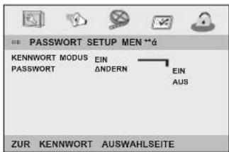 PASSWORT SETUP MEN**á KENNWORT MODUS EIN PASSWORT ANDERN EIN AUS ZUR KENN Wort AUSWAHLSEITE
