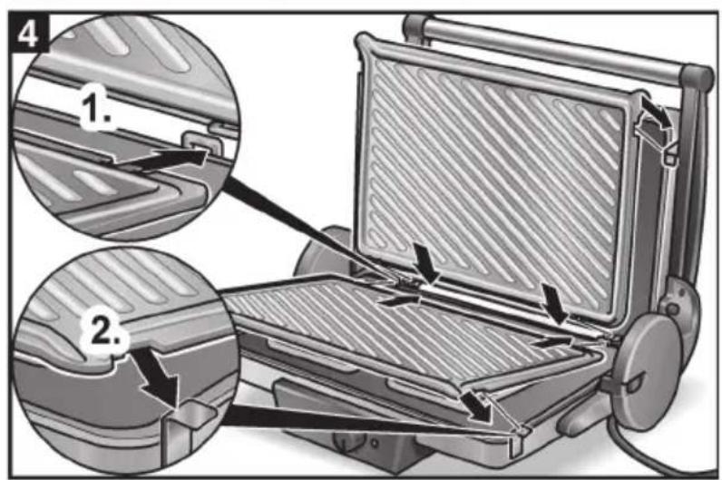 Diagram showing two steps of a grating machine with labeled parts and arrows indicating assembly or repair.