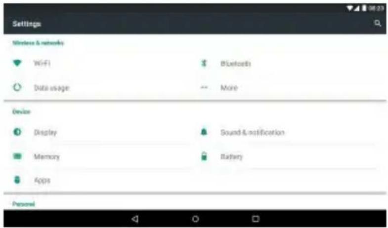 Settings Wireless & networks WiFi Data usage Bluetooths More Device Display Sound & notification Memory Battery Apps Personal