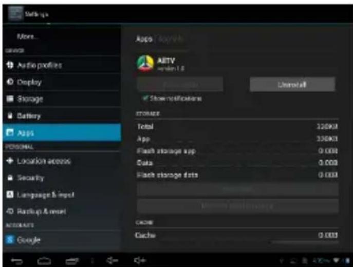 Settings More... Service Audio profiles Display Storage Battery Apps PERSONAL Location access Security Language & input Backup & reset ACCOUNTS Google Apps App ARTV admin 1.0 Show notifications Description Total 320KU App 320KU Flash storage app 0.000 Data 0.000 Flash storage dots 0.000 Cache Cache 0.000
