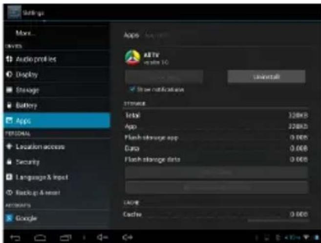 Settings More... LVES Audio profiles Display Storage Battery Apps PERSONAL Location access Security Language & Inert Backup & Reset ADGRAPS Google Apps ARTV on mini 10 Show confirmation Storage Total 32KB App 32KB Flash storage app 0.005 Data 0.005 Flash storage data 0.005 CACHE Cactive 0.005