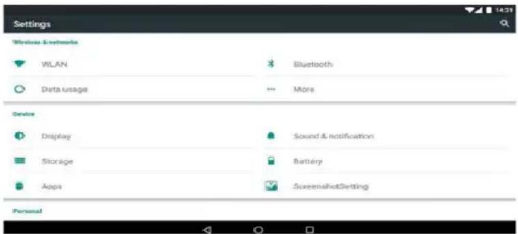 Settings Wireless & networks WLAN Bluetooth Data usage More Device Display Sound & notification Storage Battery Apps ScreenshotSetting Personal