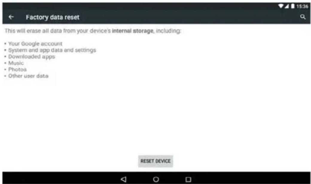 Factory data reset This will erase all data from your device's internal storage, including: • Your Google account • System and app data and settings • Downloaded apps • Music • Photos • Other user data RESET DEVICE