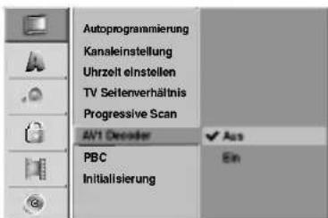 Autoprogrammierung Kanaleinstellung Uhrzeit einstellen TV Seitenverhältnis Progressive Scan AN1 Decoder PBC Initialisierung Aus Ein
