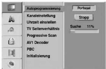 Autoprograminierung Kanaleinstellung Uhrzeit einstellen TV Seitenverhältnis Progressive Scan AV1 Decoder PBC Initialisierung Portugal Stopp Suche 11%