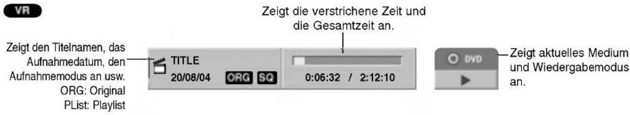 VR Zeigt den Titelnamen, das Aufnahmedatum, den Aufnahmemodus an usw. ORG: Original PList: Playlist TITLE 20/08/04 ORG SQ Zeigt die verstrichene Zeit und die Gesamtzeit an. 0:06:32 / 2:12:10 Zeigt aktuelles Medium und Wiedergabemodus an.