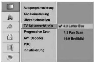 Autoprogrammierung Kanaleinstellung Uhrzeit einstellen TV Seitenverhältnis Progressive Scan AV1 Decoder PBC Initialisierung 4:3 Letter Box 4:3 Pan Scan 16:9 Breitbild