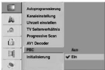 Autoprogrammierung Kanaleinstellung Uhrzeit einstellen TV Seitenverhältnis Progressive Scan AV1 Decoder PBC Initialisierung Aus Ein