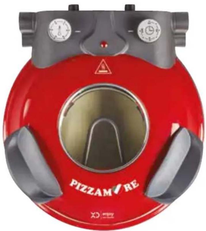 Red Pizzamore vacuum cleaner with control knobs and a warning symbol (no readable text or symbols beyond branding)