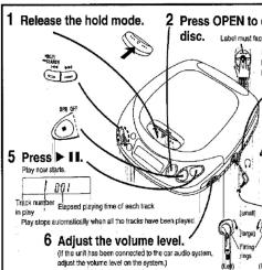 1 Release the hold mode. 2 Press OPEN to disc. 3 Press ▶ II. 4 Play your watch. 5 Check another play. 6 Adjust the volume level. (If the wall has been installed in the car audio system, adjust the volume level on the system.)