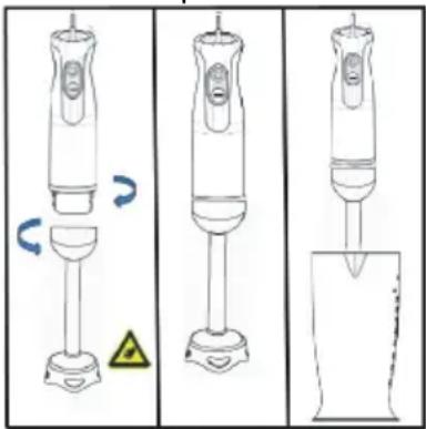 Diagram showing three stages of a hairdryer tool with warning symbols and a warning triangle