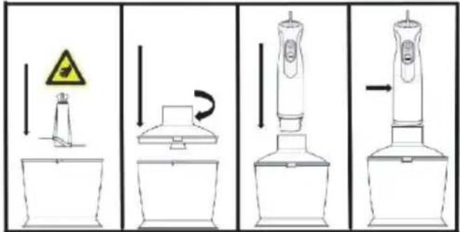 Diagram illustrating four stages of a mechanical or electrical device operation, showing warning sign, switch, press, and final assembly.