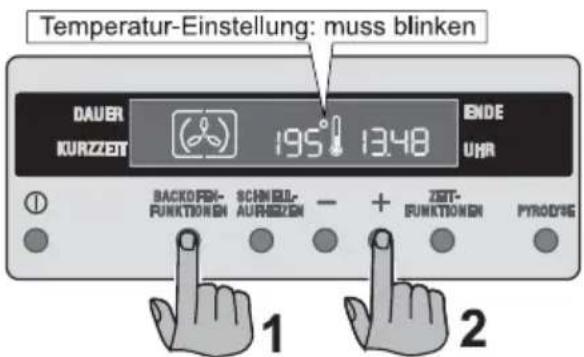 Temperatur-Einstellung: muss blinken DAUER KURZZETT 195° 13:48 ENDE UHR BACKOFF- FUNKTIONEN SCHNEIL- AURBEZEN - + ZETT- FUNKTIONEN PYROOG 1 2