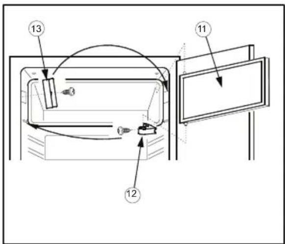 Diagram of a refrigerator interior with labeled parts and directional arrows indicating movement or assembly.