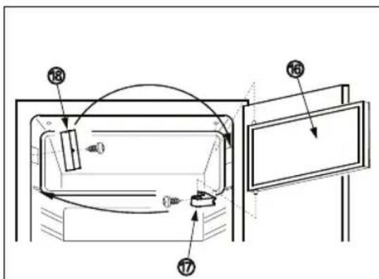 Technical diagram of a refrigerator with numbered parts and directional arrows indicating movement or assembly.