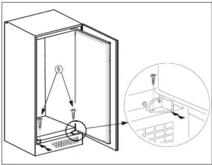 Technical diagram of a refrigerator with screw installation and close-up detail view showing internal components