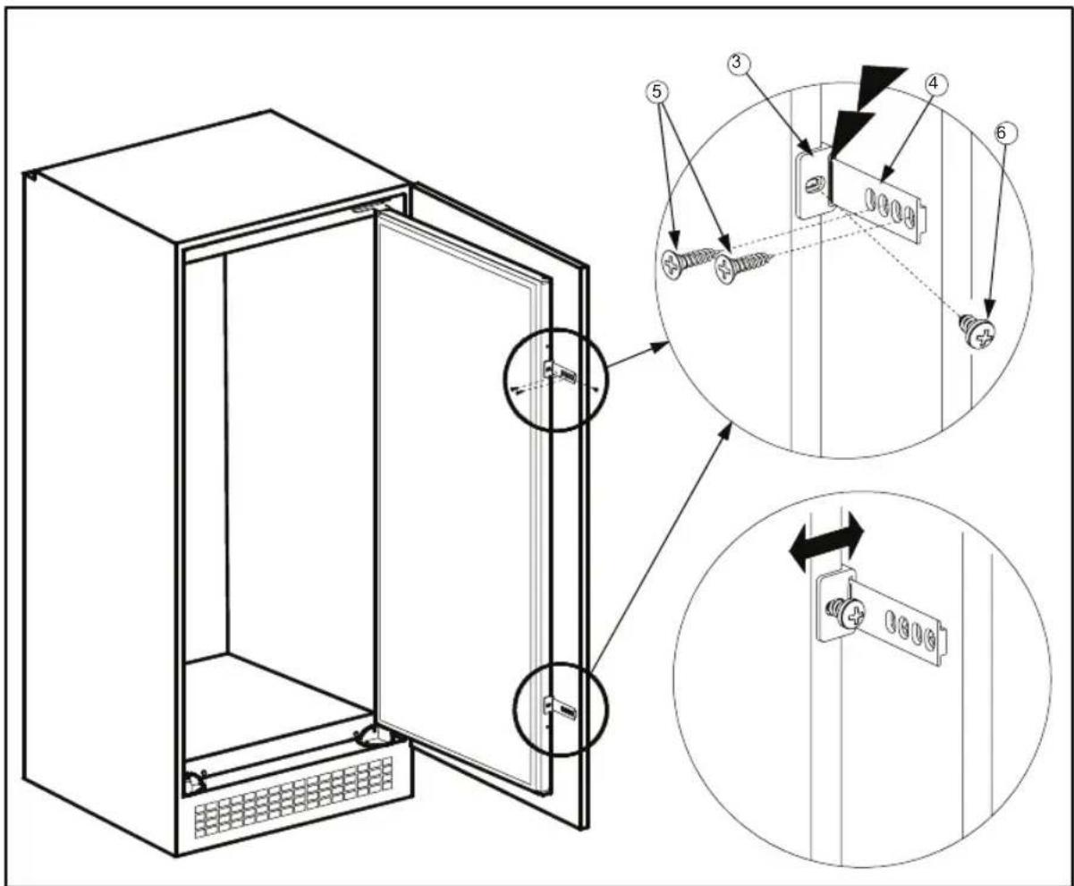 Technical diagram of a cabinet with labeled components and assembly steps, showing internal components and mounting details.