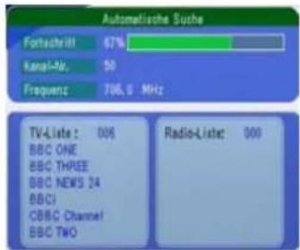 Automatische Suzhe Fortachrift 67% Kanal-Nr. 50 Frequenz 706.0 MHz TV-Liste : 005 BBC ONE BBC THREE BBC NEWS 24 BBCI CBC Channel BBC TWO Radio-Liste: 000