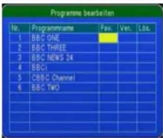 Programme bearbeilen Nr. Programname Fav. Ver. Los. 1 BBC ONE 2 BBC THREE 3 BBC NEWS 24 4 BBBCI 5 CBBC Channel 6 BBC TWO