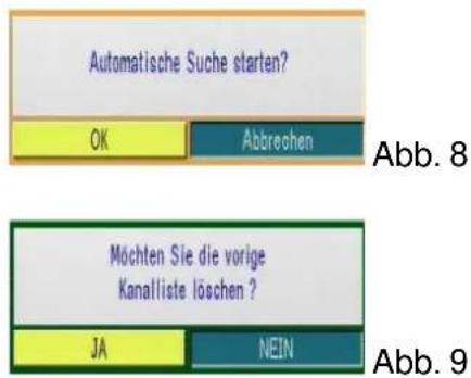 Automatische Suche starten? OK Abbreshen Möchten Sie die vorige Kanalliste löschen ? JA NEIN Abb. 8 Abb. 9