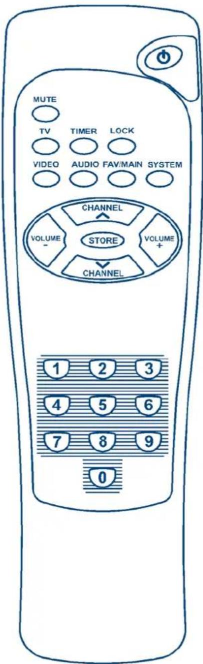 MUTE TV TIMER LOCK VIDEO AUDIO FAV/MAIN SYSTEM CHANNEL VOLUME STORE VOLUME + CHANNEL 1 2 3 4 5 6 7 8 9 0