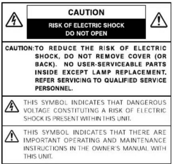 CAUTION RISK OF ELECTRIC SHOCK DO NOT OPEN CAUTION:TO REDUCE THE RISK OF ELECTRIC SHOCK, DO NOT REMOVE COVER (OR BACK). NO USER-SERVICEABLE PARTS INSIDE EXCEPT LAMP REPLACEMENT. REFER SERVICING TO QUALIFIED SERVICE PERSONNEL. THIS SYMBOL INDICATES THAT DANGEROUS VOLTAGE CONSTITUTING A RISK OF ELECTRIC SHOCK IS PRESENT WITHIN THIS UNIT. THIS SYMBOL INDICATES THAT THERE ARE IMPORTANT OPERATING AND MAINTENANCE INSTRUCTIONS IN THE OWNER'S MANUAL WITH THIS UNIT.
