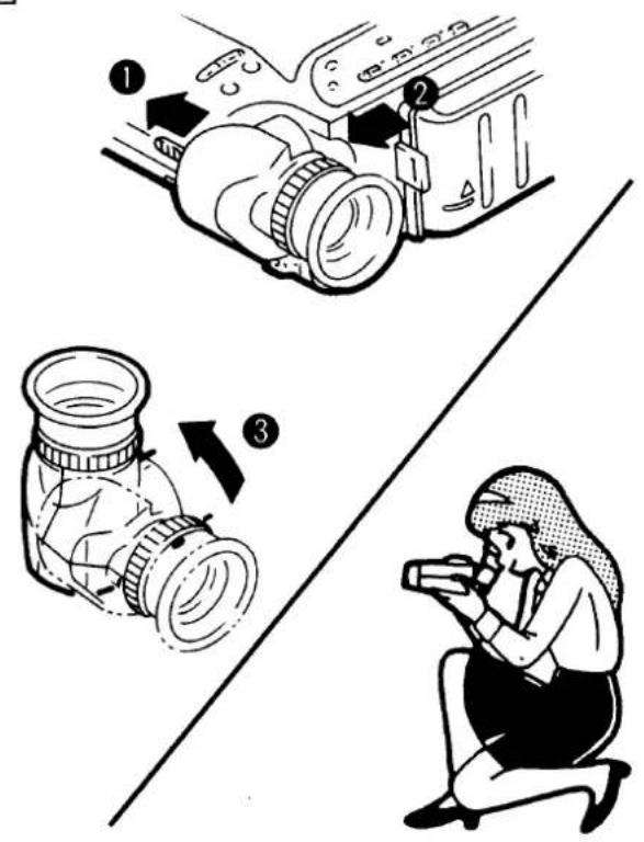 Diagram illustrating camera lens adjustment steps with numbered instructions and a person photographing the scene.