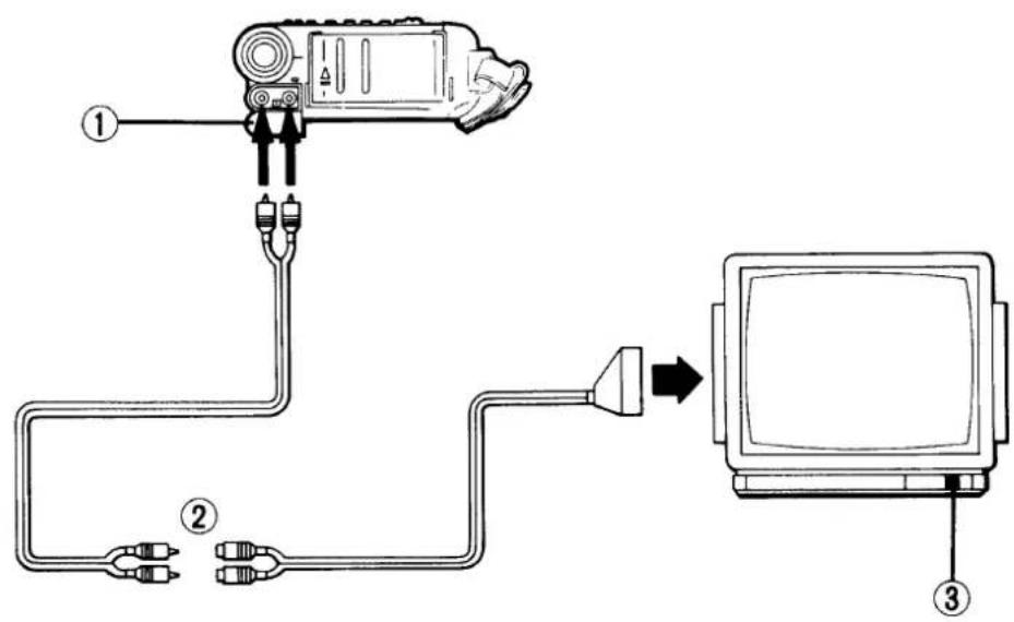 Diagram showing three connected components: a device with ports, a connector, and a monitor with an antenna.