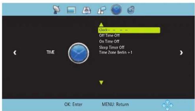 Clock-- Off Time Off On Time Off Sleep Timer Off Time Zone Berlin +1 TIME OK: Enter MENU: Return
