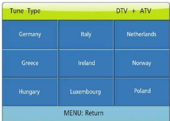 Tune Type DTV + ATV Germany Italy Netherlands Greece Ireland Norway Hungary Luxembourg Poland MENU: Return