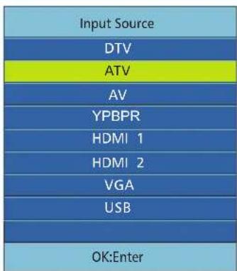 Input Source DTV ATV AV YPBPR HDMI 1 HDMI 2 VGA USB OK:Enter